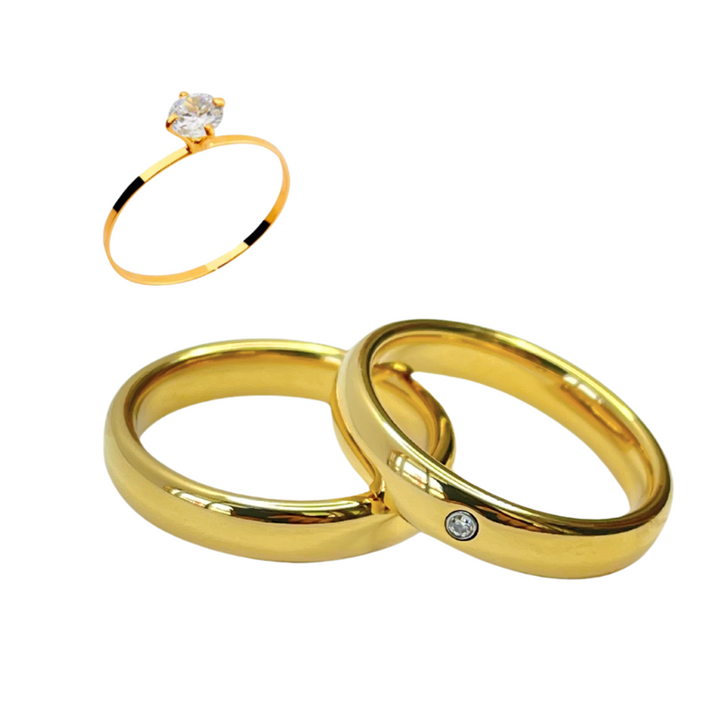 Par Aliança Casamento Boleada 4mm com Zircônia 6 Camadas Ouro 18k em Tungstênio