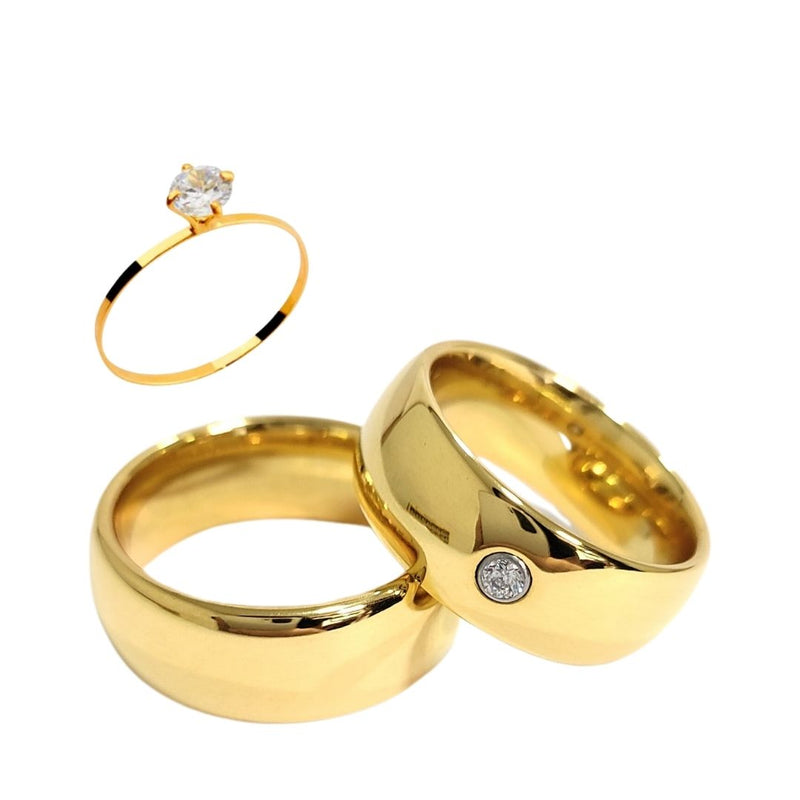 Par Aliança Casamento Boleada 8mm Zircônia Com 6 Camadas Ouro 18k em Tungstênio