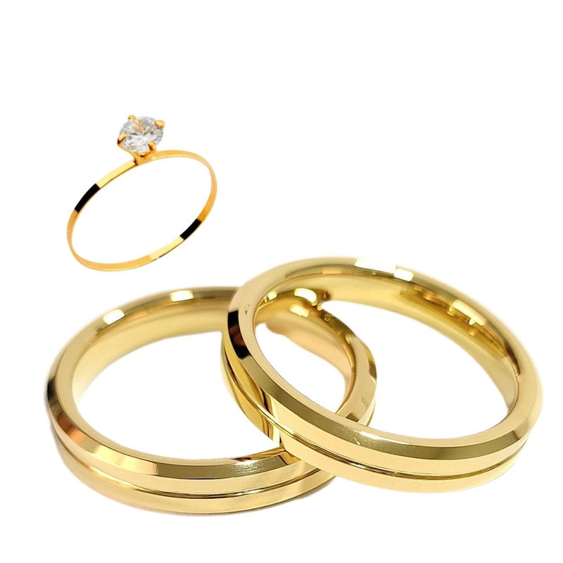 Par Aliança Casamento Chanfrada 4mm Friso Com 6 Camadas Ouro 18k em Tungstênio