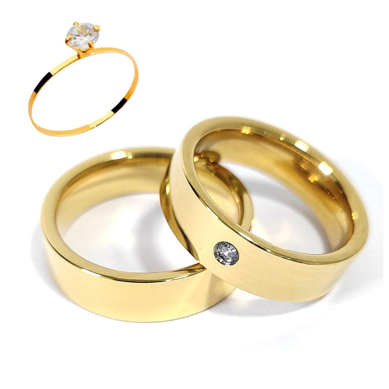 Par Aliança Casamento Reta 6mm Zircônia com 6 Camadas Ouro 18k em Tungstênio