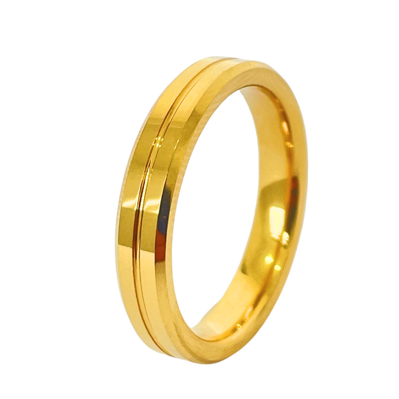 Unidade Aliança Chanfrada Friso 4mm Com 6 Camadas Ouro 18k em Tungstênio