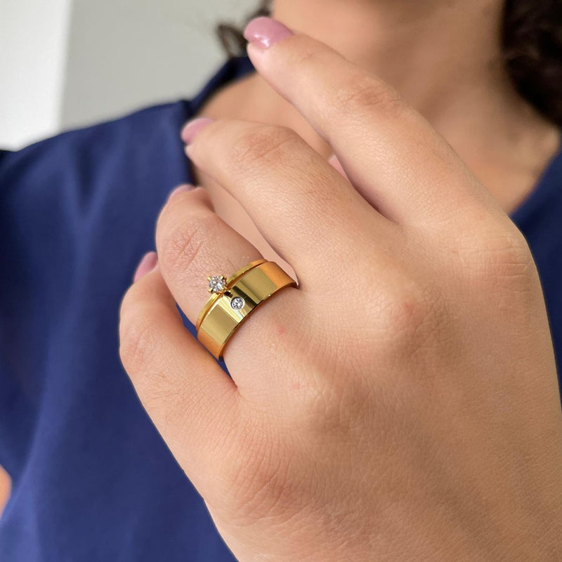 Par Aliança Casamento Reta 6mm Zircônia com 6 Camadas Ouro 18k em Tungstênio